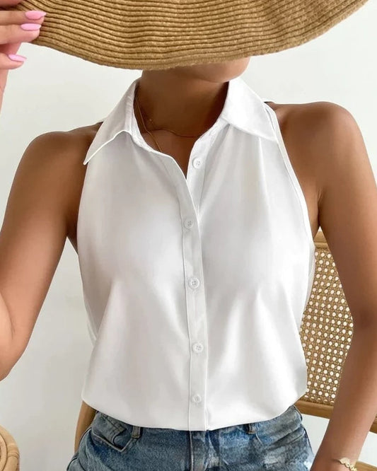 Chemise Blanche Sans Manches – Col Replié & Élégance Intemporelle