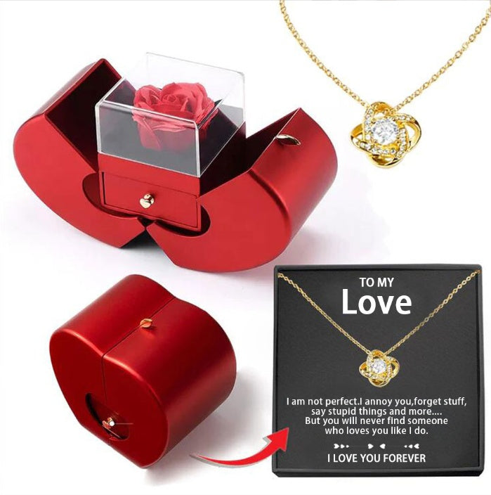 Boîte à Bijoux Pomme Rouge – Rose Éternelle & Collier, Cadeau Idéal