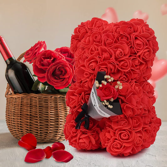 Ours en Roses & Fleurs Éternelles – Cadeau Romantique pour la Saint-Valentin ou un Anniversaire